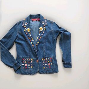 Vintage IKON Clothing Blue Jean Blazer Jacket Colorful Buttons Small Bedazzled